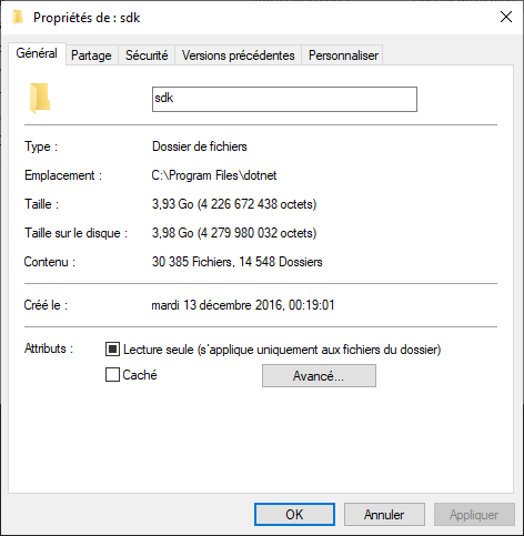 Taille dossier DotNet Core SDK