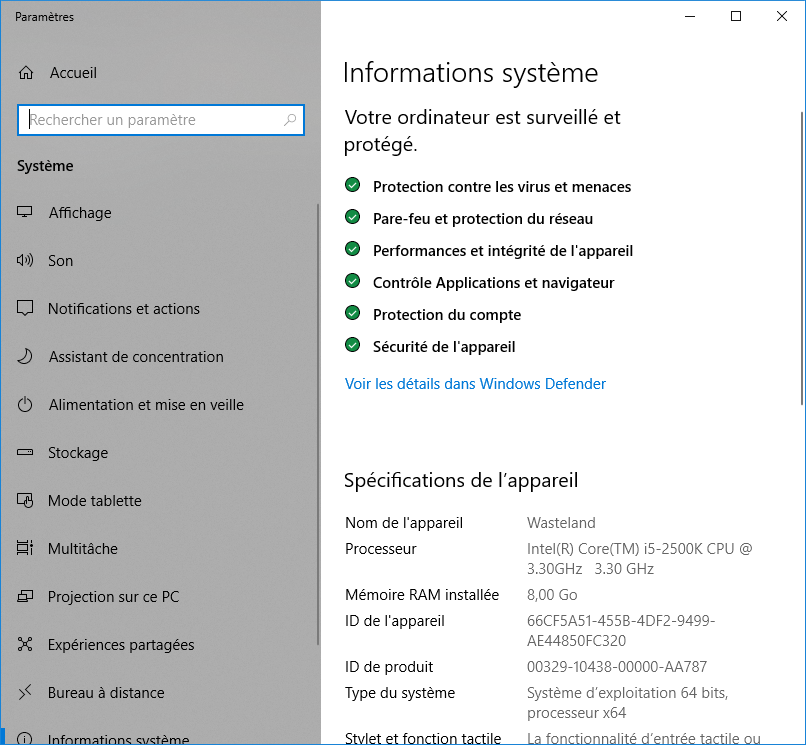 Informations système - Spécifications de l'appareil
