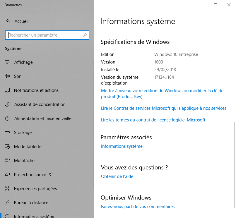 Informations système - Spécifications de Windows